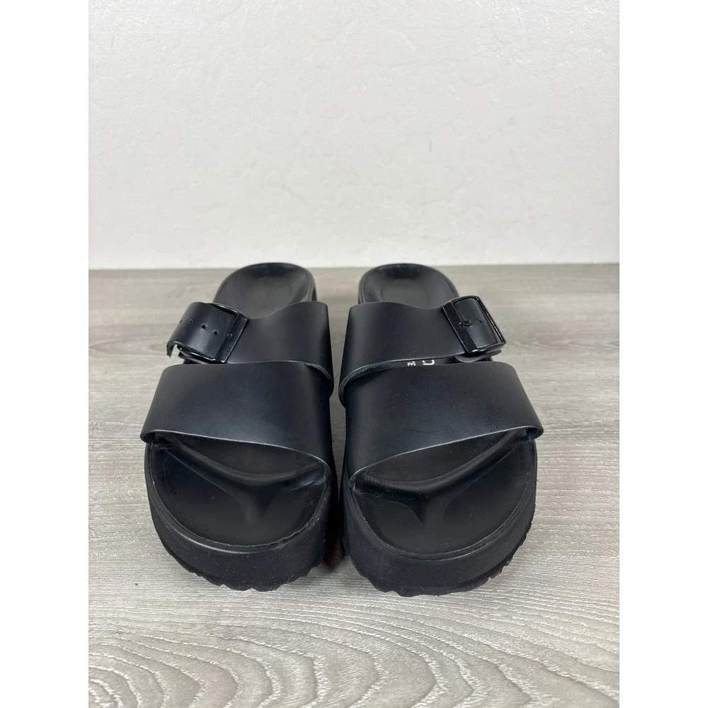 Papillio by Birkenstock Almina Exquisite Black Leather Platform Slide Sandals 40